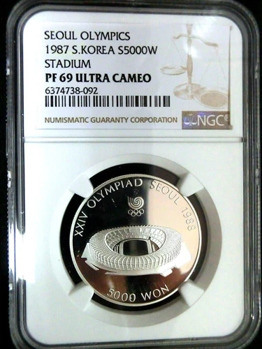 1987 South Korea Korean Stadium Silver 5000 Won Almost Perfect PF 69 NGC ultra r