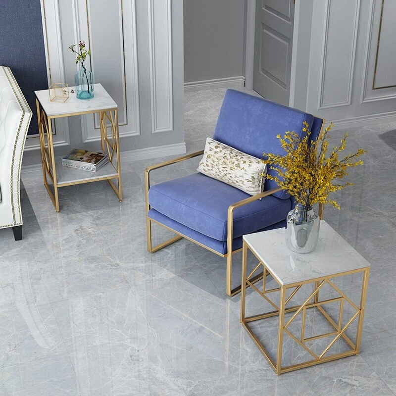 2 Tier Bed Side Accent Marble Table Living Room End Table Glossy Gold Nightstand - Image 4 of 4