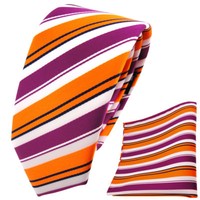 Schmale Tigertie Krawatte + Einstecktuch Orange Lila Weiß Schwarz Gestreift