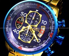 New Invicta MenAviator 18K Gold Plated Blue Dial Tachy S.S Chrono Bracelet Watch