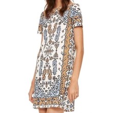 Tory Burch Moroccan Print Cotton T-Shirt Dress Blue Tan Boho Resort Mini (HOLES)