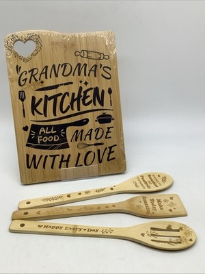 4 Pc Grandmas Kitchen Gift Set Kitchen Bamboo Spoons & Cutting Board