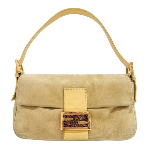 FENDI Baguette Leather Trim Tan Suede Shoulder Bag