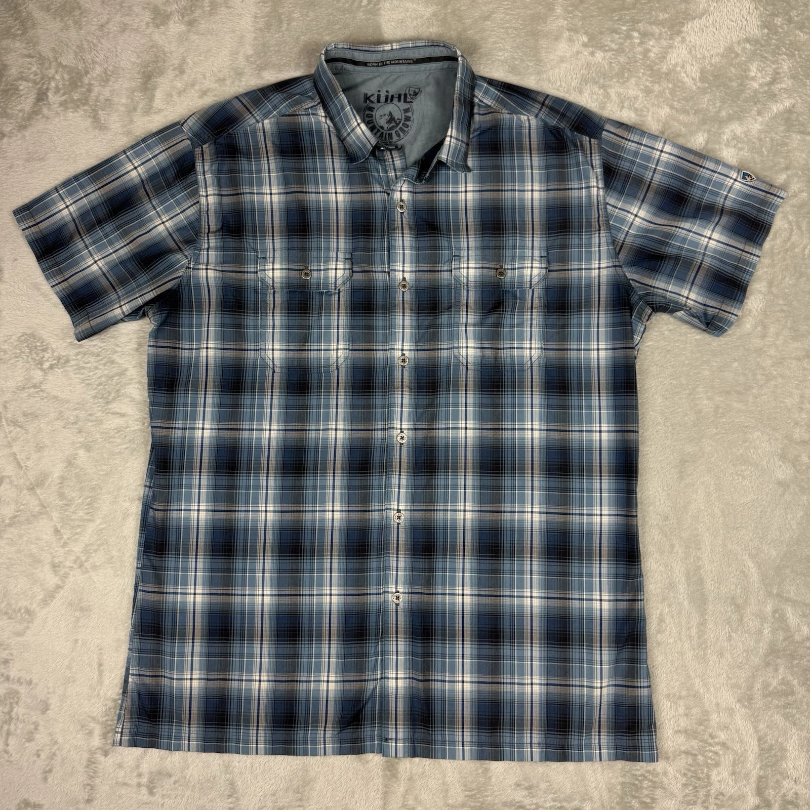 Kuhl Eluxur Shirt Mens L Blue Plaid Button Up Lightweight Hiking Outdoor