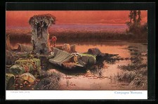 Cartolina artistica firmata Enrique Serra: Campagna Romana, Paesaggio 