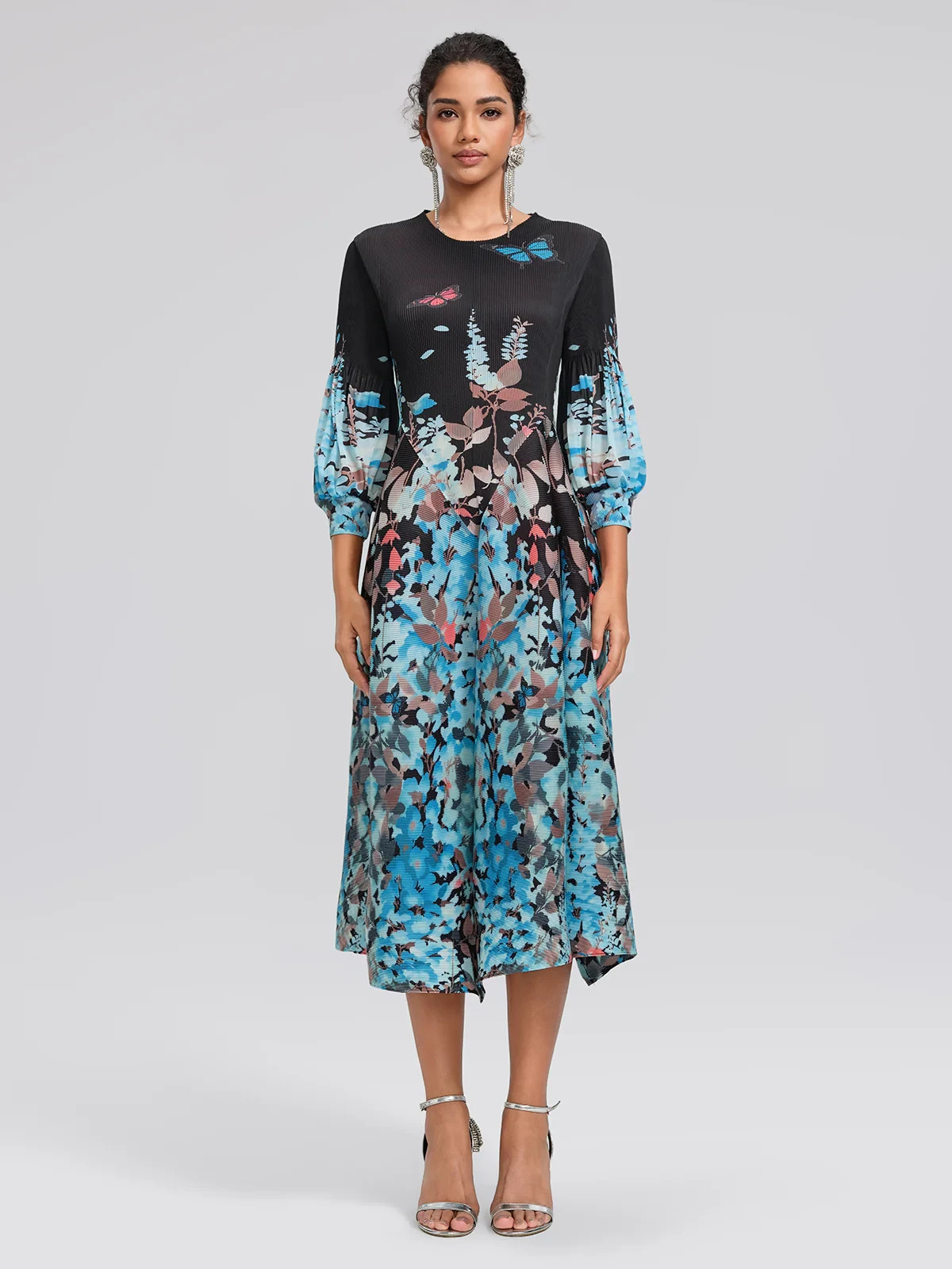 NEW Rich Radi Qs A- Line Print Pleated Midi Dress Size S-L Lantern Sleeve NWT