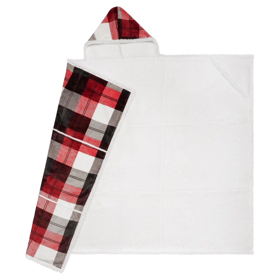 Hooded throw wearable blanket red white and dark squares - Image 2 of 4