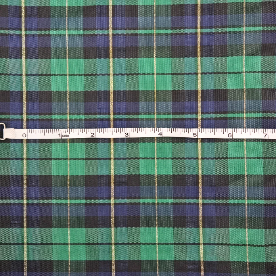 Vintage Christmas Tartan Plaid Fabric Metallic Poplin 60" Navy Green BY THE YARD - Image 3 of 4