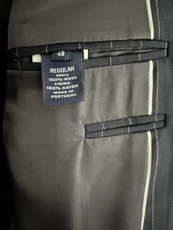 Traje Lands' End 48R 2 piezas AZUL MARINO RAYAS Lana Pura 40W/30,5L Hecho en Portugal Usado en Excelente Condición Foto 4 de 4