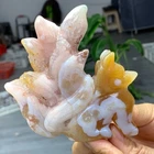 224G NaturalCherry blossom agate nine tailed fox Crystal Quartz Carving Reiki