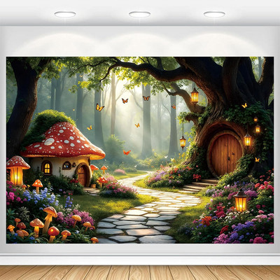 Enchanted Forest Backdrop 7x5ft Fairy Tale Wonderland Mushroom House Magic