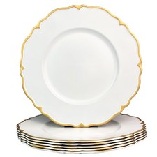 6 PCS 13 Inch White Plastic Charger Plate Scalloped Gold Rim Wedding Decor