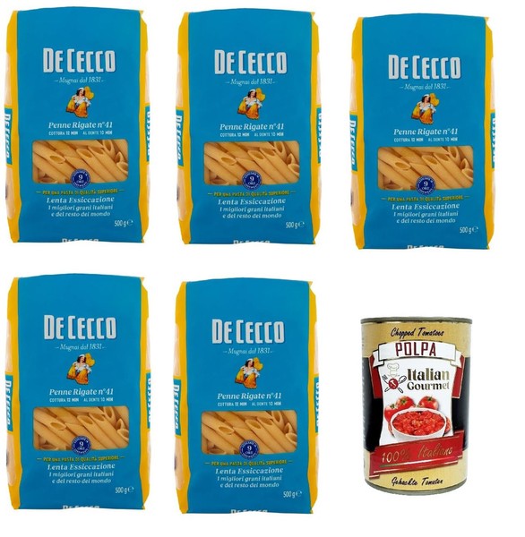 De Cecco Penne Rigate N.41, 100% Italienisch Pasta Nudeln 5X 500G+Polpa 400G-image