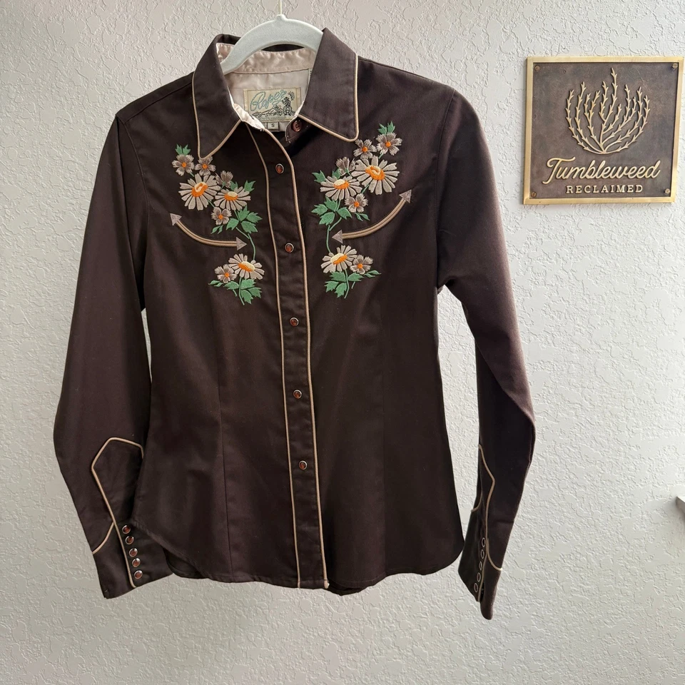 Camisa Western Vintage Cuerda Mujer Marrón Floral Bordada Perla A Presión Talla S Foto 3 de 4