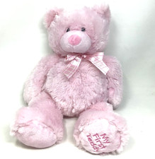 Ganz My First Teddy Bear Pink Plush Stuffed Animal 15  Plaid Satin Bow Sewn Eyes