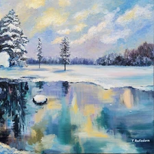 original acrylic painting Winter Water Landscape Art Stretched Canvas 20"x20"