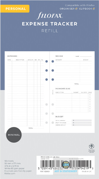 Filofax Personal size Expenses Tracker Notepaper Refill - Minimal Design 132850