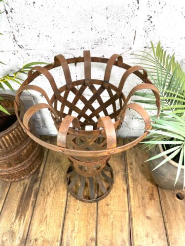Large Vintage Rustic Heavy Duty Riveted Iron Lattice Garden Planter Urn Fire Pit - Picture 3 of 12