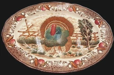 1961 Turkey Platter Lovely Brown Transferware Pottery Franklin S&L Vtg MCM 20x15