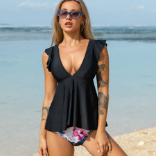 Beachsissi Ruffled Shoulder V Neck Floral Tankini Set - Black - S - New w/ Tags