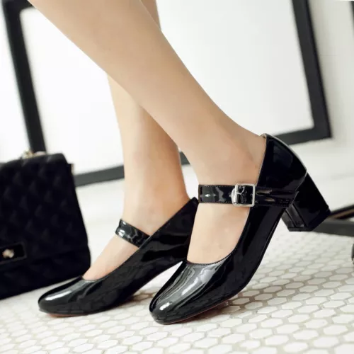 Women's Mary Jane Shoes Fashion Chunky Mid Heel Pumps Patent Leather Shoes Size - Picture 9 of 29