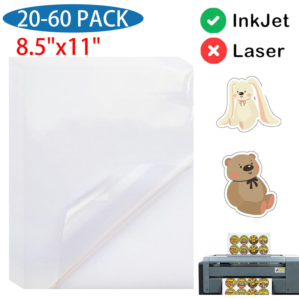 60 Sheets 8.5x11 Clear Waterproof Vinyl Sticker Paper for Inkjet Printing