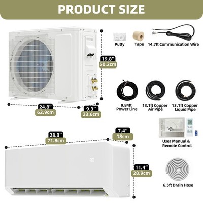9000 BTU  Air Conditioner COOL HEAT PUMP System Ductless SEER19 110V Wifi & Kit