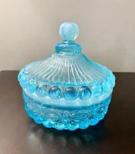 Mosser Eye Winker Blue Opalescent Covered Candy Dish With Lid 5" Tall