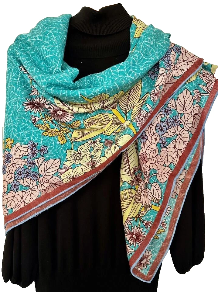 51"x51"Blue Flower Print 70%Cashmere 30%Silk Jacquard Thin Scarf 130x130cm 4-1