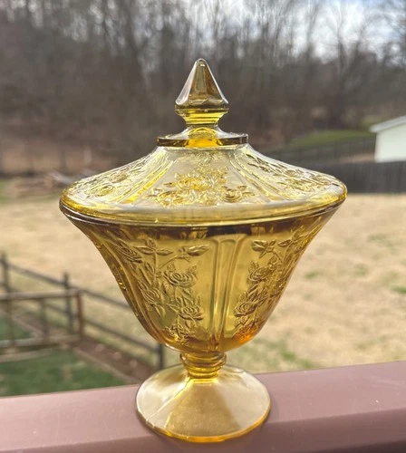 Vtg Federal Depression Glass Candy Dish Compote Cabbage Rose Sharon Amber Yellow