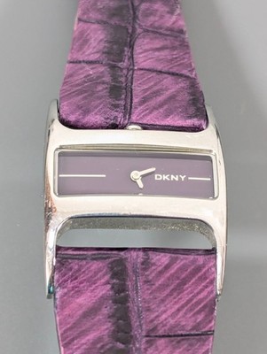 DKNY Womens Silver & Purple Crocodile-Embossed Leather Strap Watch