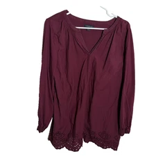 Lane Bryant Blouse Women's 16 Maroon V-Neck Eyelet 3/4 Sleeve Career Top