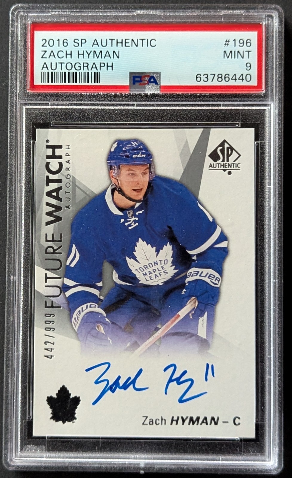 2016-17 Upper Deck SP Authentic Zach Hyman Future Watch Auto /999 PSA 9 #196 view 1