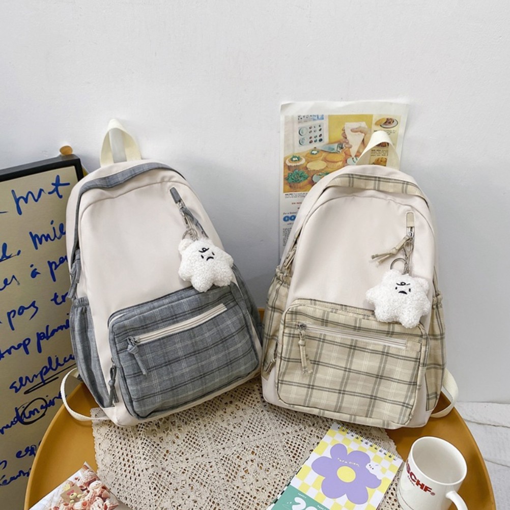 .Cute Plaid Backpack With Plush Pendant Lightweight Large Capacity Student Book