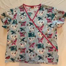 Dickies Uniform Scrub Top Light Teal w/Butterflies Flowers Preowned A3-15