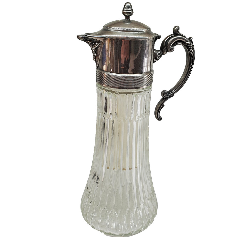 1930's Glass and Silverplated Iced Beverage Carafe Art Deco Ice Chiller Inside