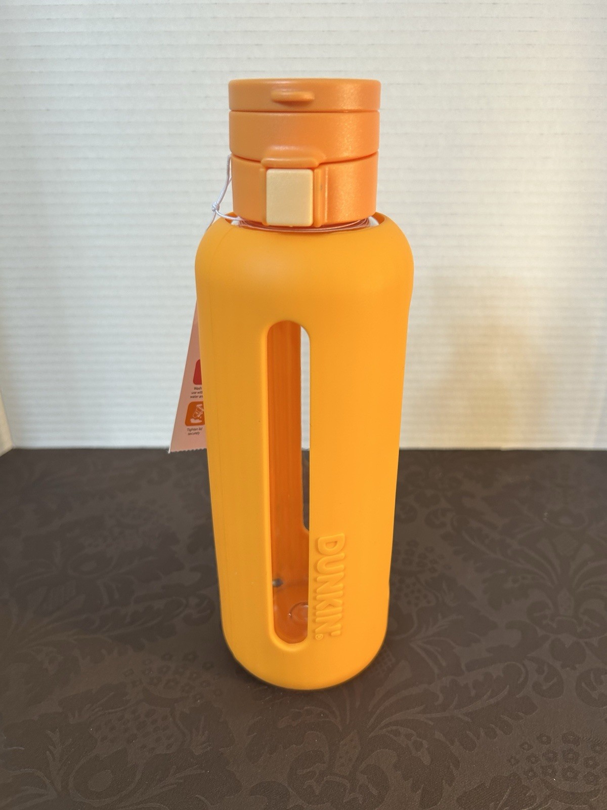 Dunkin Donuts Water Bottle Orange 24oz Acrylic Silicone Cover  New Reusable