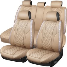 Beige Leather Bling Car Seat Covers Full Set, Luxury Microfiber Nappa PU Cushion