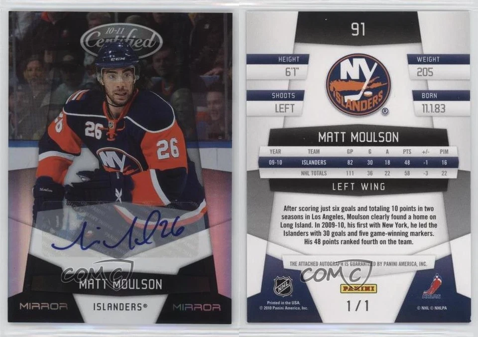 2010-11 Certified Mirror Black Signatures 1/1 Matt Moulson #91 Auto 0c3 - Image 3 of 3