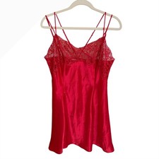 Victoria's Secret Red Lace Trim Satin Slip Chemise Lingerie Sleepwear Size L