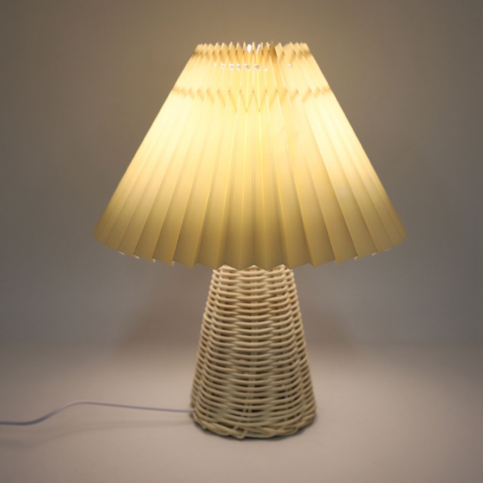 Pleated Table Lamp with Remote Control Modern Beige Fabric Shade Rattan Base