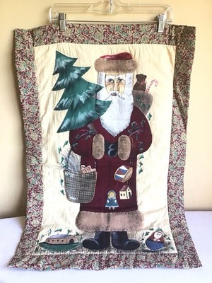 Vtg Pitty Pat Hand Painted Folk Art Quilted Santa Claus Christmas Wall Hanging