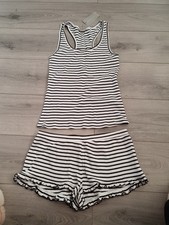 BNWT New Look Black/White Stripe Ribbed Vest & Shorts Pj's Lounge Set Size Mdm 