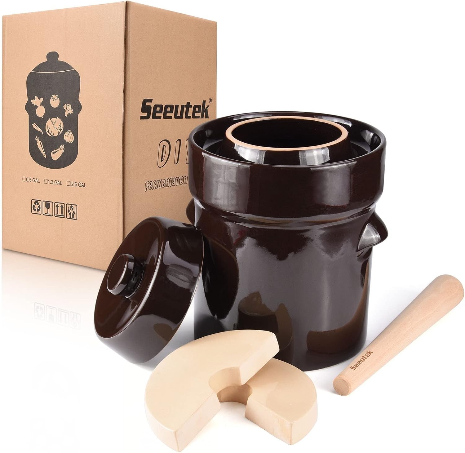 Seeutek Fermentation Crock Jar 5 Liter / 1.3 Gallon - Stoneware Pot for Fermenti