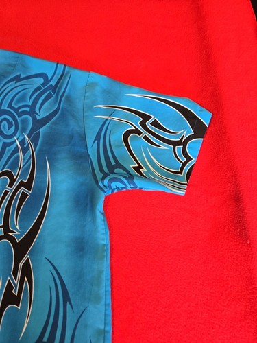 VINTAGE SAPPHIRE SHIRT BLUE TRIBAL FLAMES Small BOWLING Missing 1 Button - Picture 19 of 19