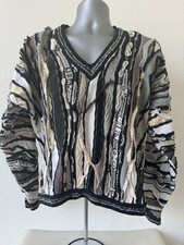 Vintage Coogi 3D Knit Sweater V Neck Black White Brown Mercerized Cotton 90s M