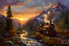 Steam Train Sunset Landscape Canvas Prints Painting Picture Wall Art Home Decor