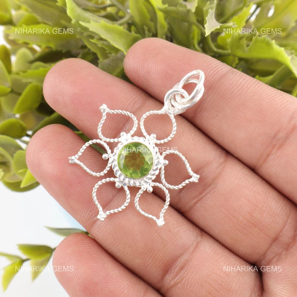 925 Silber Runder Natürlich Peridot Schwarz Freitag Tochter Ehe Anhänger Schmuck - Bild 4 von 4