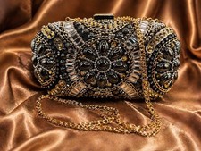 Beaded Black Gold Clutch Evening Bag Rhinestone Chain Formal Purse