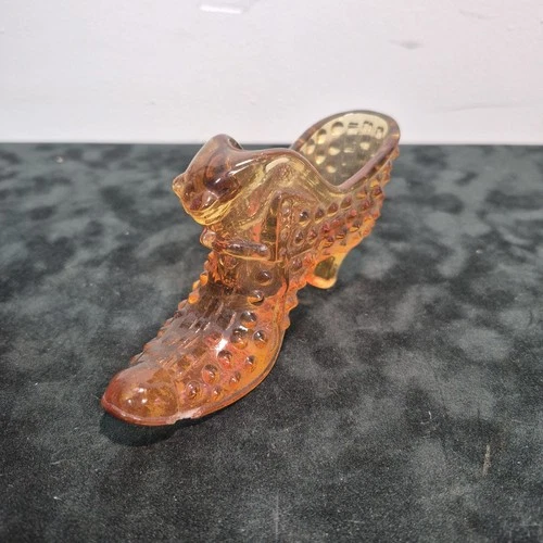 Vintage FENTON Art Glass Amber Hobnail Shoe Slipper with Cat Head 5.5"